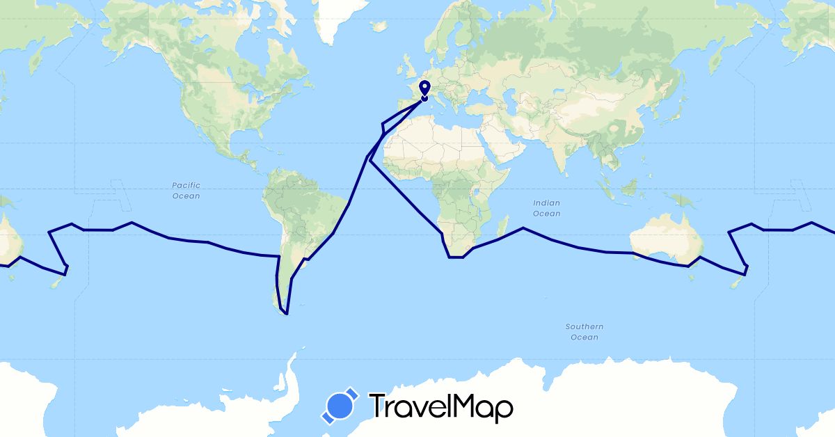 TravelMap itinerary: driving in Argentina, Australia, Brazil, Cook Islands, Chile, Cape Verde, Spain, Fiji, France, Morocco, Mauritius, Namibia, New Zealand, Pitcairn Islands, Portugal, Tonga, Uruguay, South Africa (Africa, Europe, Oceania, South America)